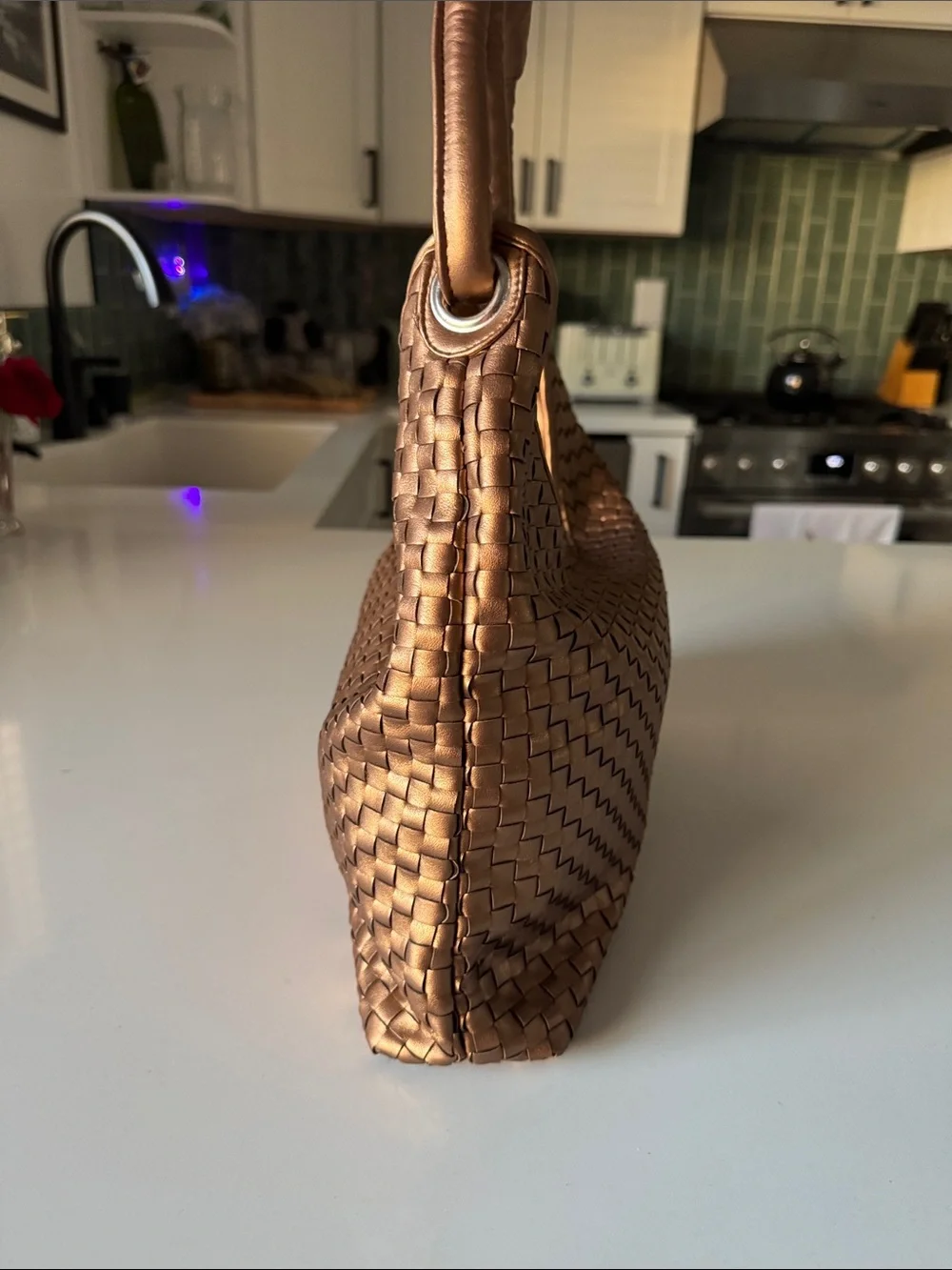 Womens Braided Metallic Bronze Hobo Bag
